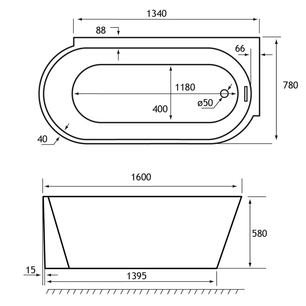 Beaufort Bray 1600 x 780mm Right Handed Freestanding Bath - Image 4